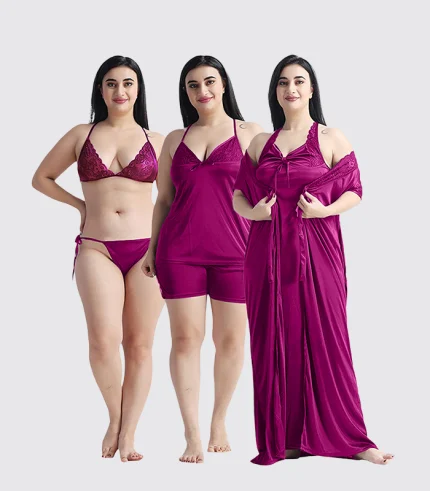 ৬-পিস নাইট ওয়্যার সেট (ম্যাজেন্টা)