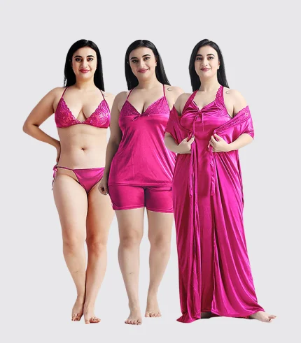 ৬-পিস নাইট ওয়্যার সেট (গাড় গোলাপী)